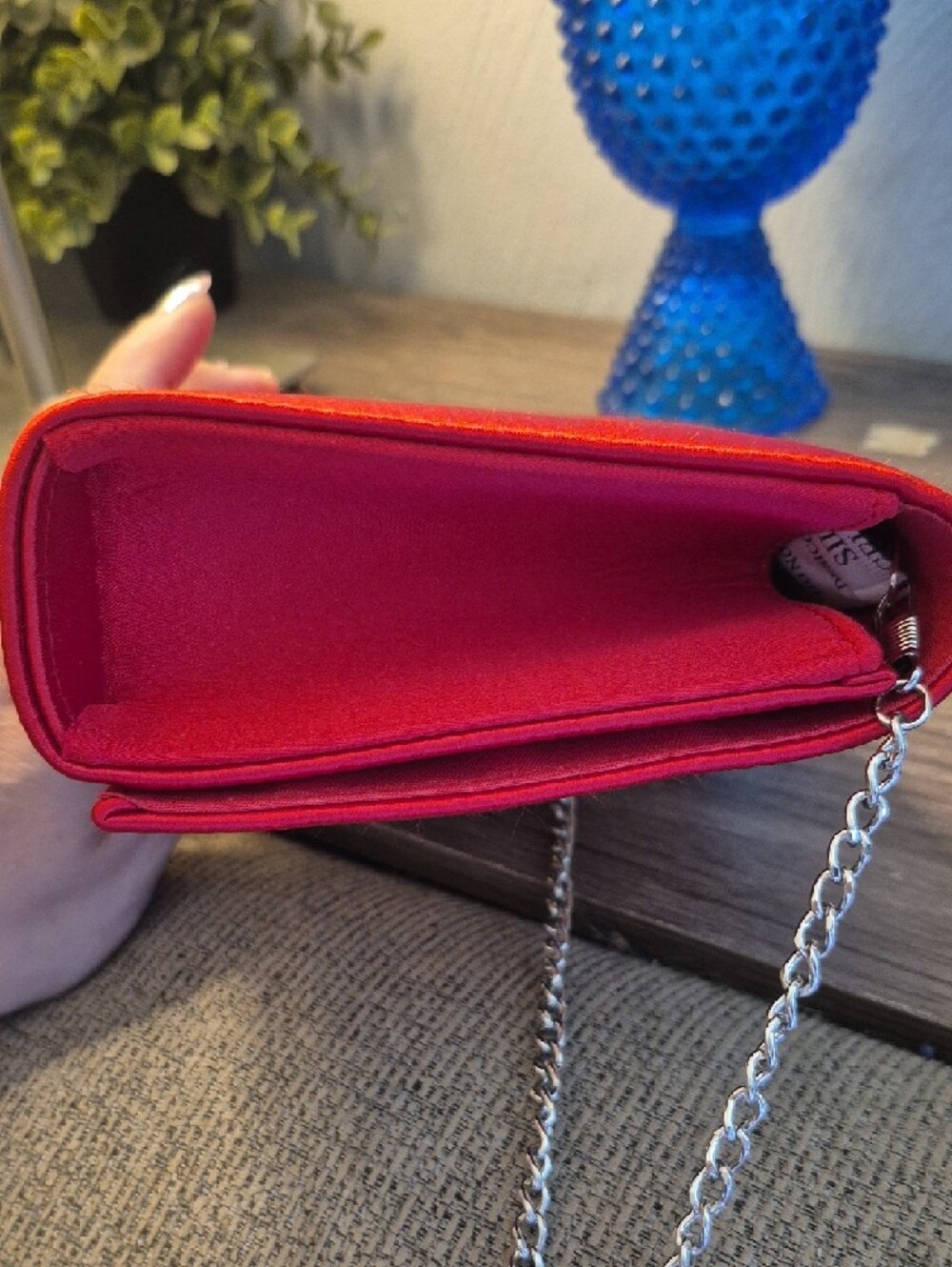 Red Satin Evening Clutch with Crystal Rhinestone Bow Accent - Picture 8 of 10